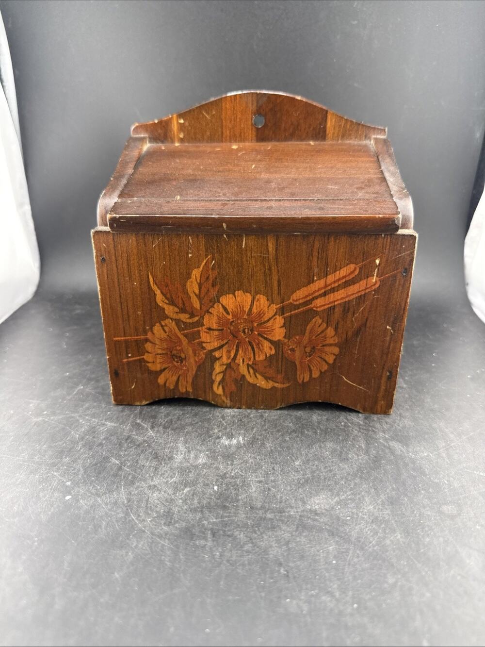 Vtg Cornwall Industries Wooden Recipe Box Wall Hang Folk Art Card Holder 1970s